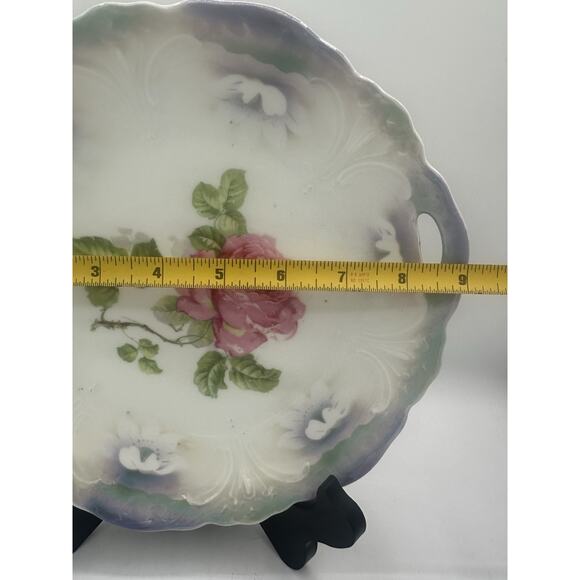 Vintage Blue Bavaria Edwardian Gremany Scalloped Two Handle Cake Plate Rose MCM - Picture 5 of 6